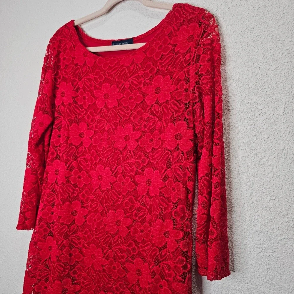Seranoma Red Lace Dress‎ Size XL Floral Made in USA Elegant Party Holiday Midi